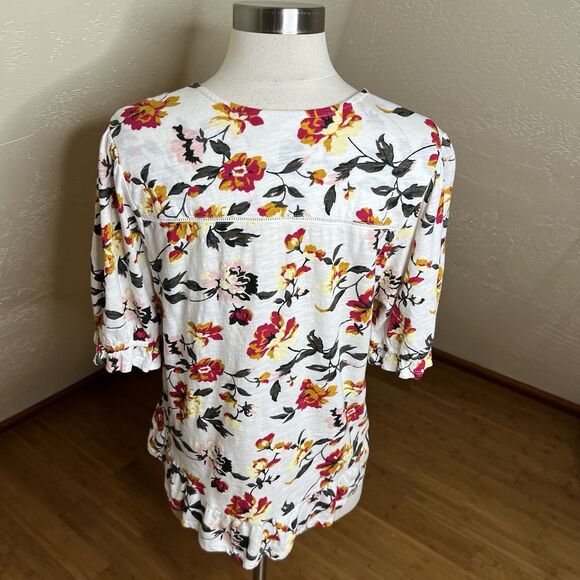 Lucky Brand Top Size Medium White‎ Floral Short Sleeve V Neck Peasant Ruffle Hem - Picture 10 of 10